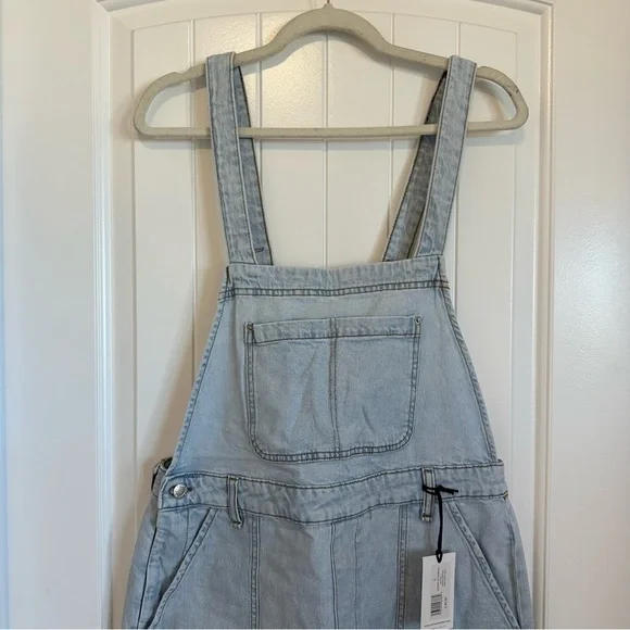NWT WeWoreWhat slouchy slit overalls light wash high rise straight leg split hem - Picture 2 of 15